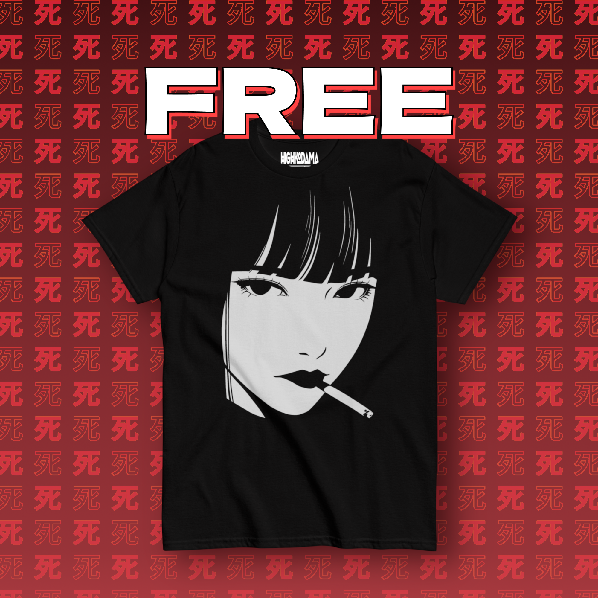 Free anime shirt "Dead and Gone" featuring a stylish black and white illustration of a woman with a cigarette, displayed on a red background with repeating patterns