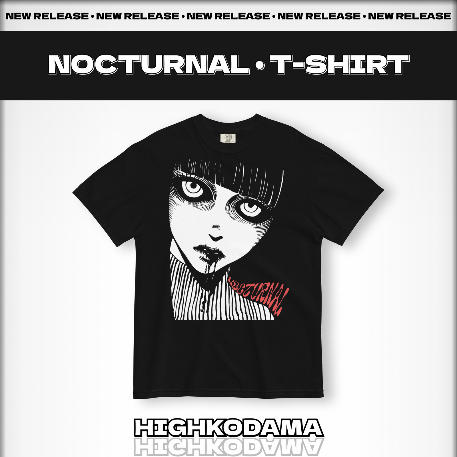 Black unisex heavyweight T-shirt featuring a haunting anime girl in horror style. The girl has a striped shirt and blood dripping from her mouth, with a creepy stare that adds a chilling touch to the design.