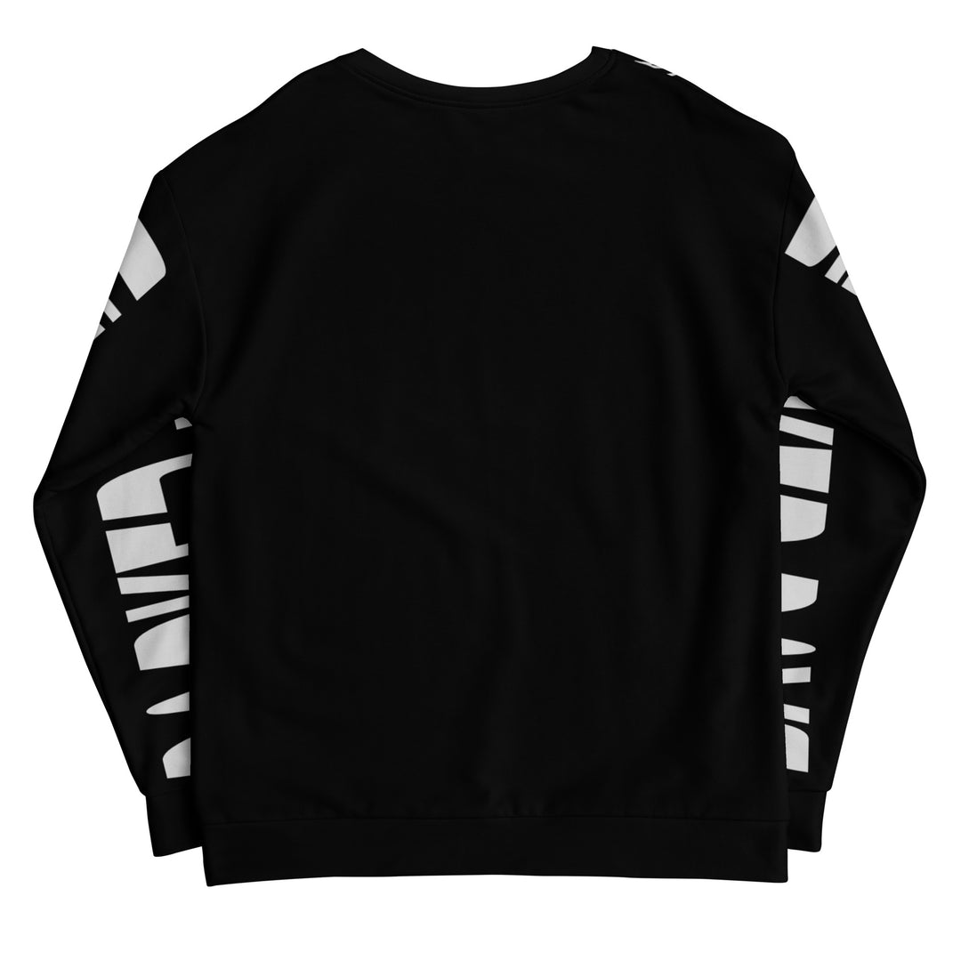 Back view of a black sweatshirt with white graphic elements on the sleeves, featuring a clean and minimalistic design.