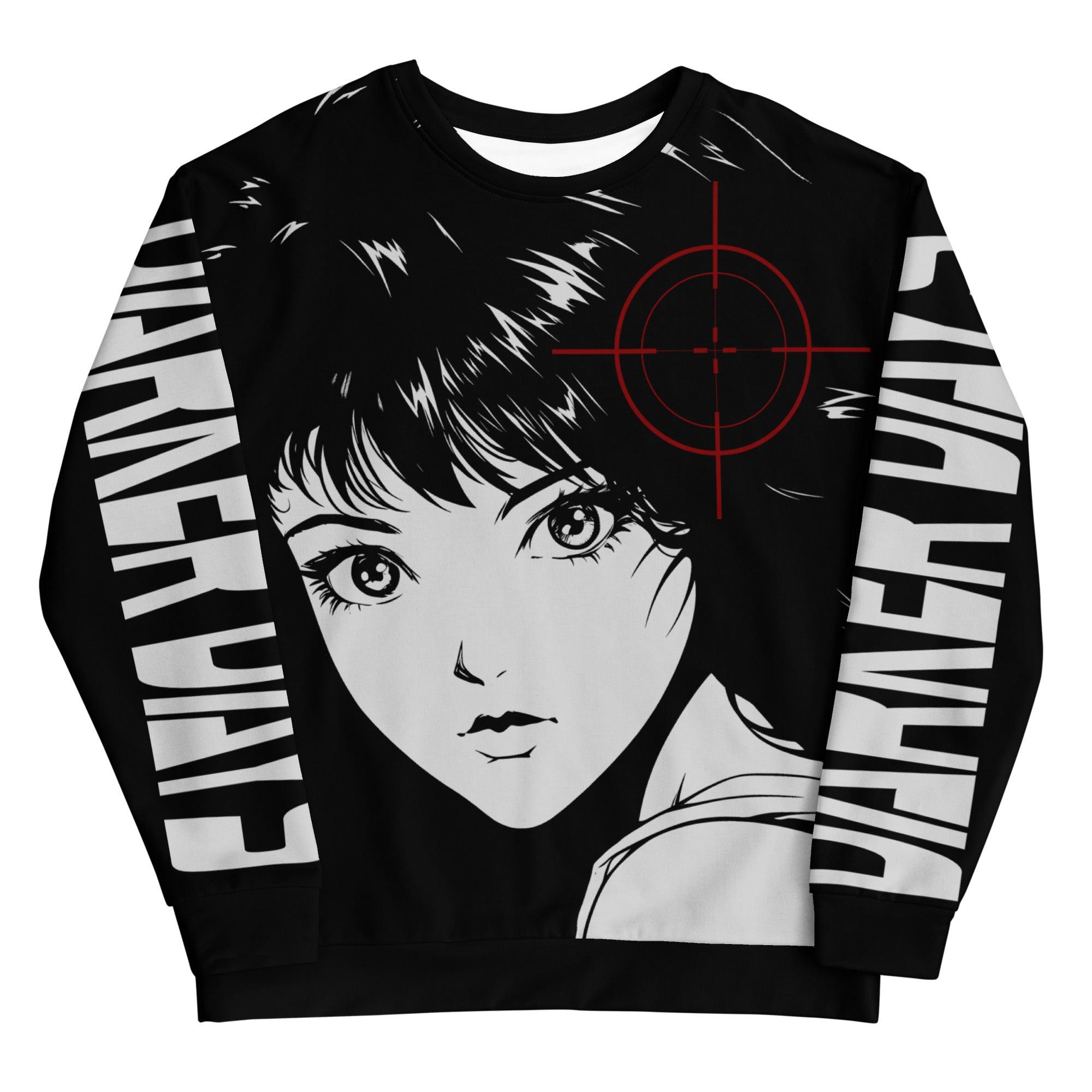 Black sweatshirt featuring an anime-inspired design of a girl's face with a red target overlay on her eye, and the words 'Darker Days' printed in bold letters along the sleeves.