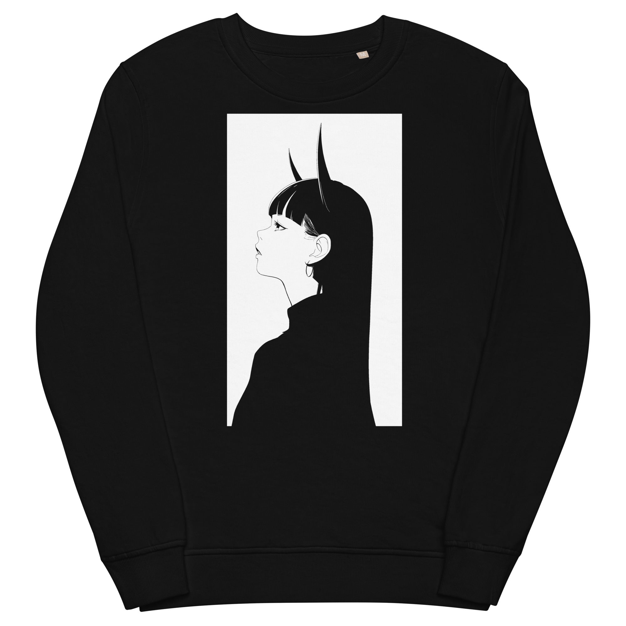 Unisex black sweatshirt featuring a minimalist anime design of a girl with long hair and prominent horns, displayed on a white rectangular background on the front.