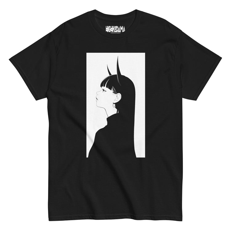 Black T-shirt featuring a minimalist anime design of a girl with long hair and prominent horns, displayed on a white rectangular background on the front.