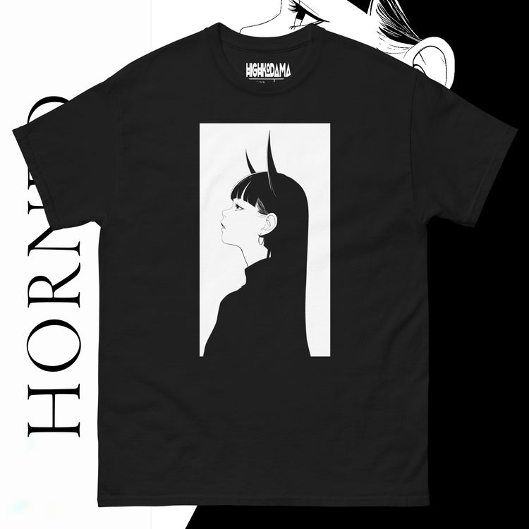 Black T-shirt featuring a minimalist anime design of a girl with long hair and horns, displayed on a white rectangular background on the front, with the word 'Horned' partially visible in the background.