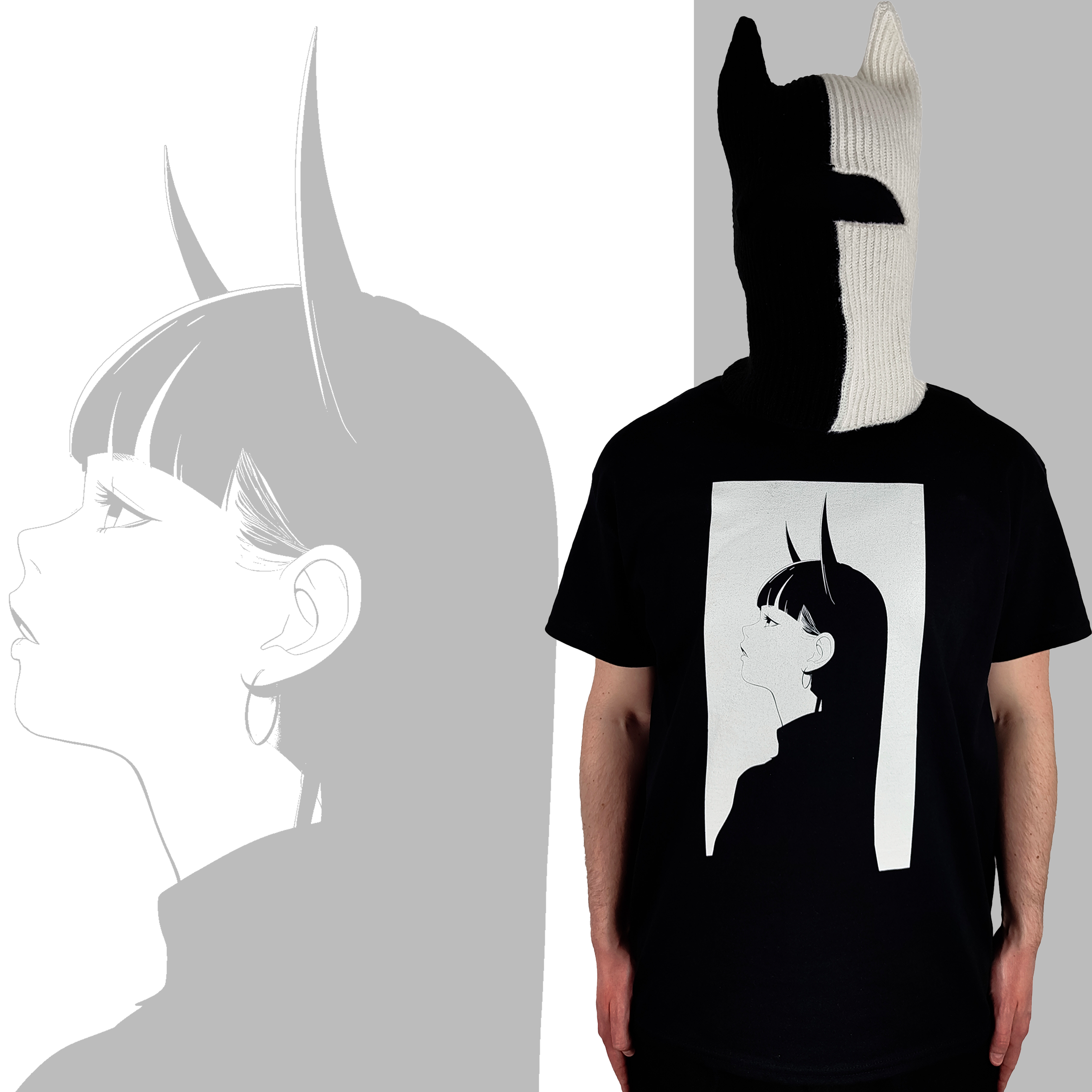 Person wearing a black T-shirt featuring a minimalist anime design of a girl with long hair and horns, with a matching black and white knitted mask with pointed ears, standing against a background displaying an enlarged version of the same anime design.