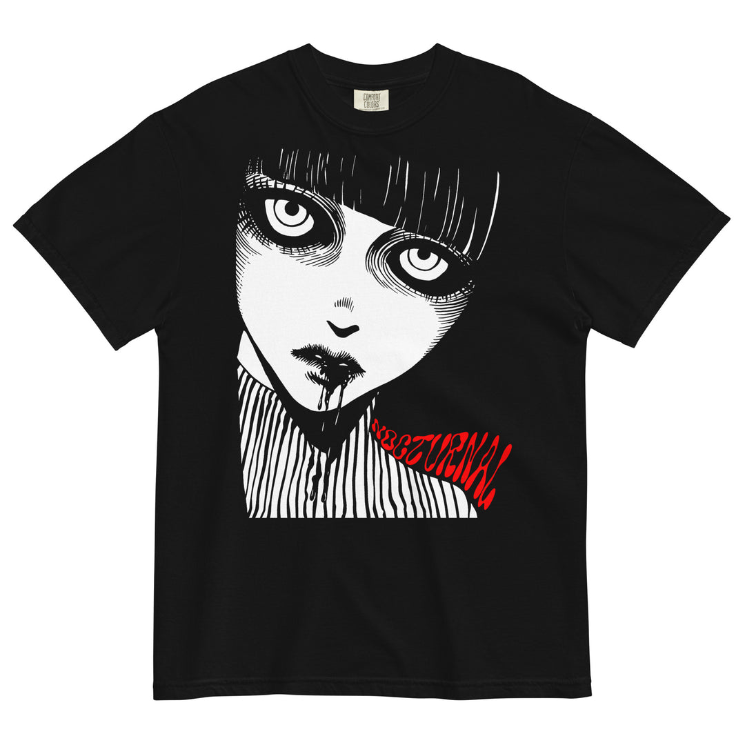 Black unisex heavyweight T-shirt featuring a haunting anime girl in horror style. The girl has a striped shirt and blood dripping from her mouth, with a creepy stare that adds a chilling touch to the design.